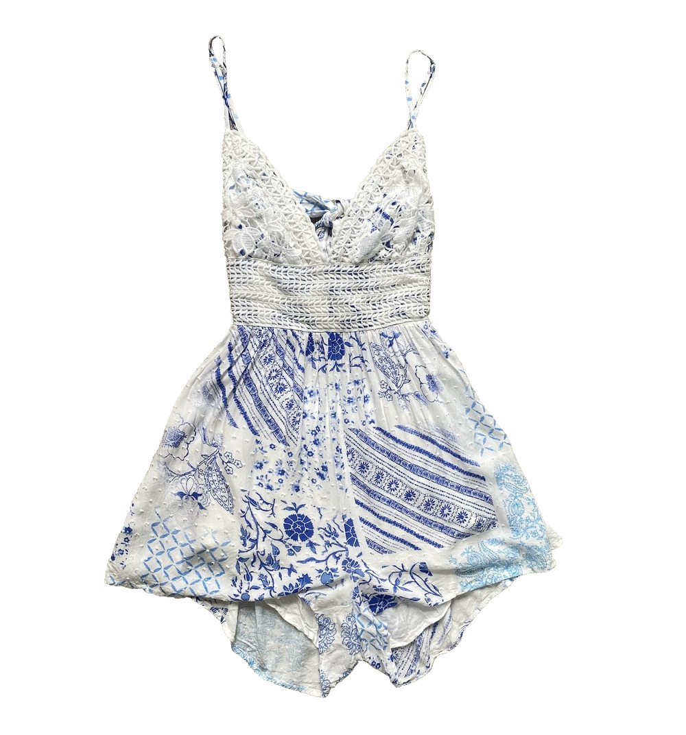 ILLA ILLA Jumper Small Crochet Floral Rayon Shorts Romper Festival Bohemian Boho